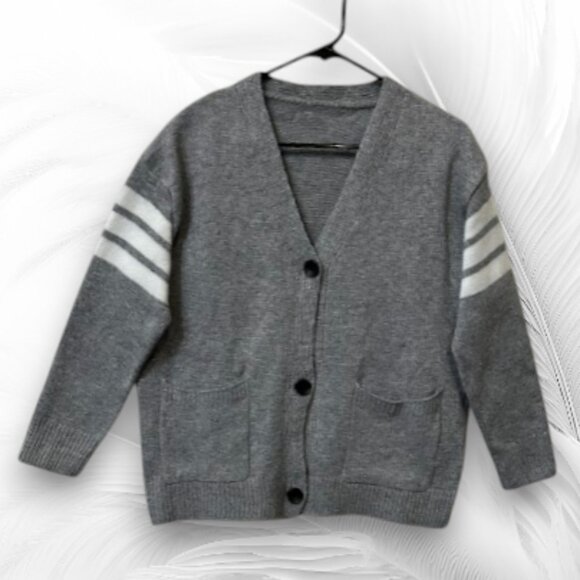 Men's Gray Cardigan with Pockets and Stripes on the Sleeves Size: L - Picture 2 of 7
